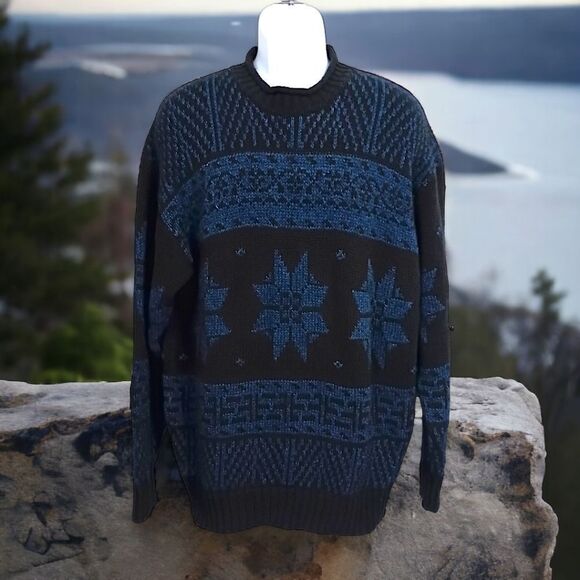 Gant Handmade Sweater Mens XL Snowflake Pattern Blue Black Cotton Vintage 90s. - Picture 1 of 14